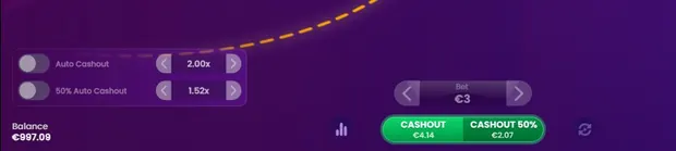 Panel del juego con los botones de retiro total y retiro del 50 por ciento